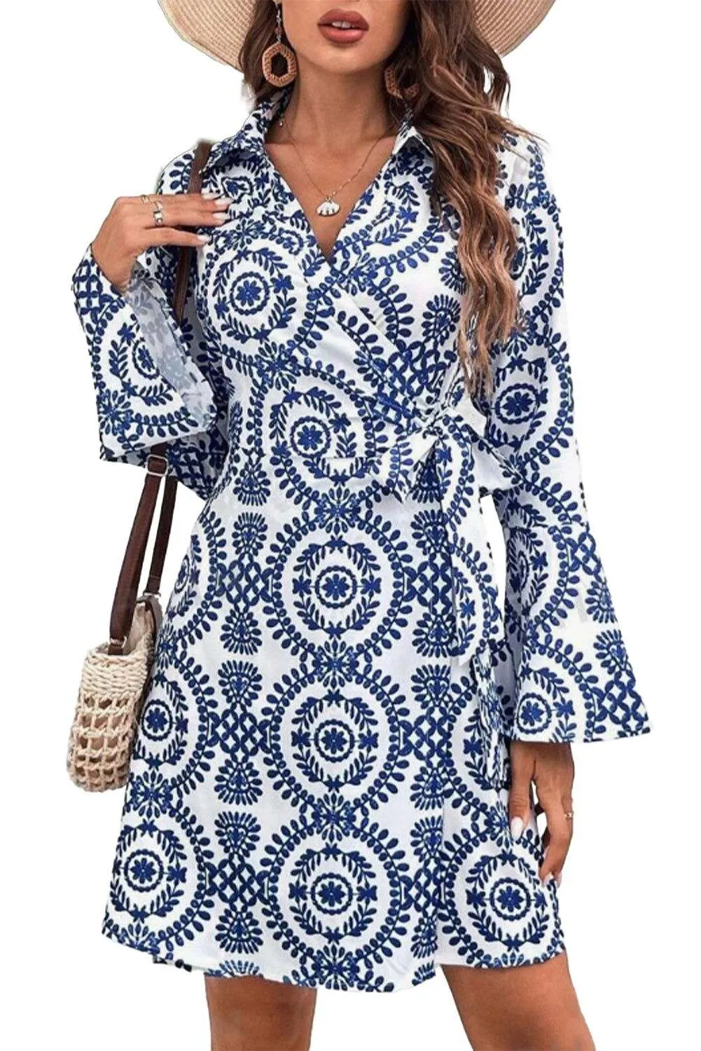 Blue Boho Wrap V-Neck Knotted Mini Dress - Effortless Style