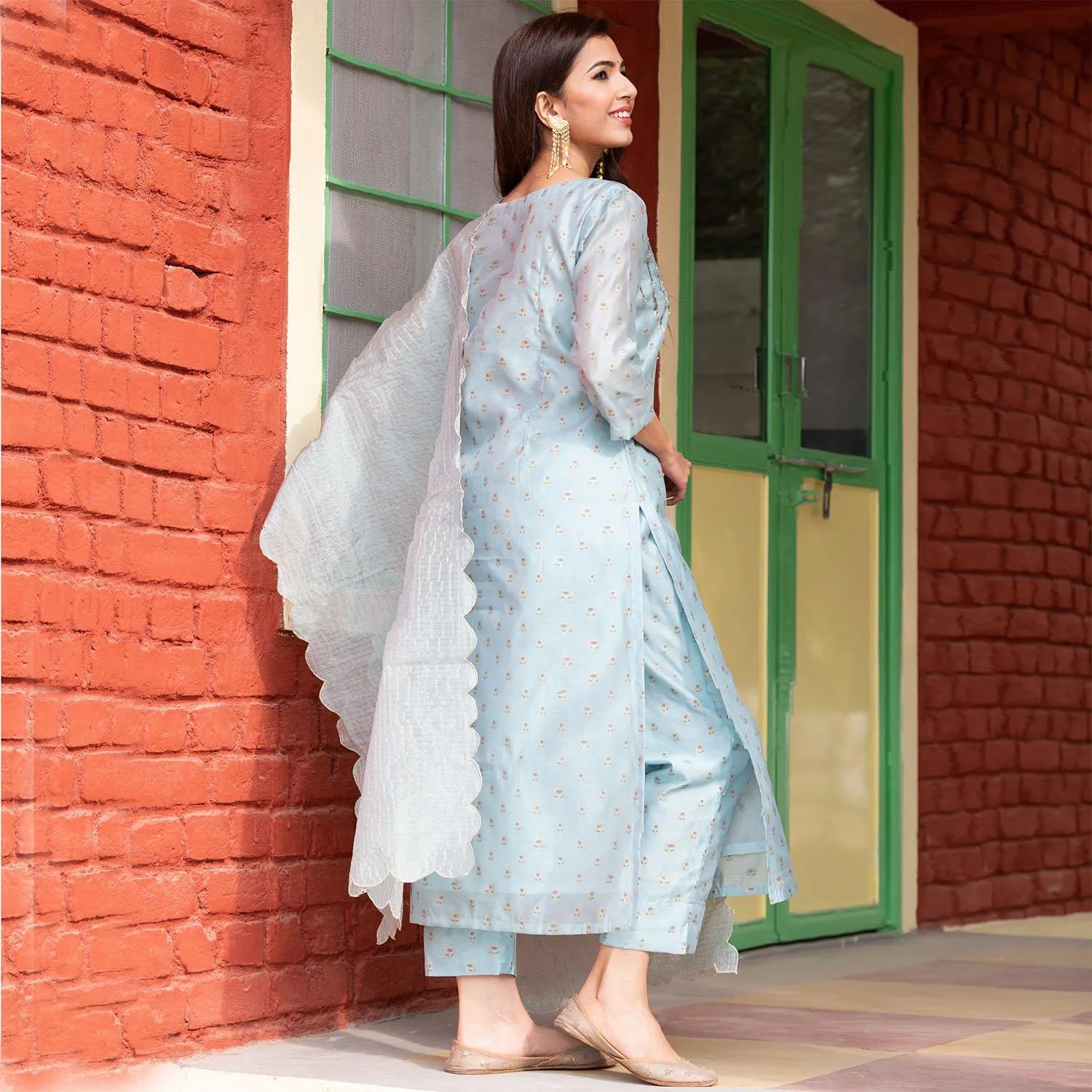 Blue Printed Chanderi Suit Set