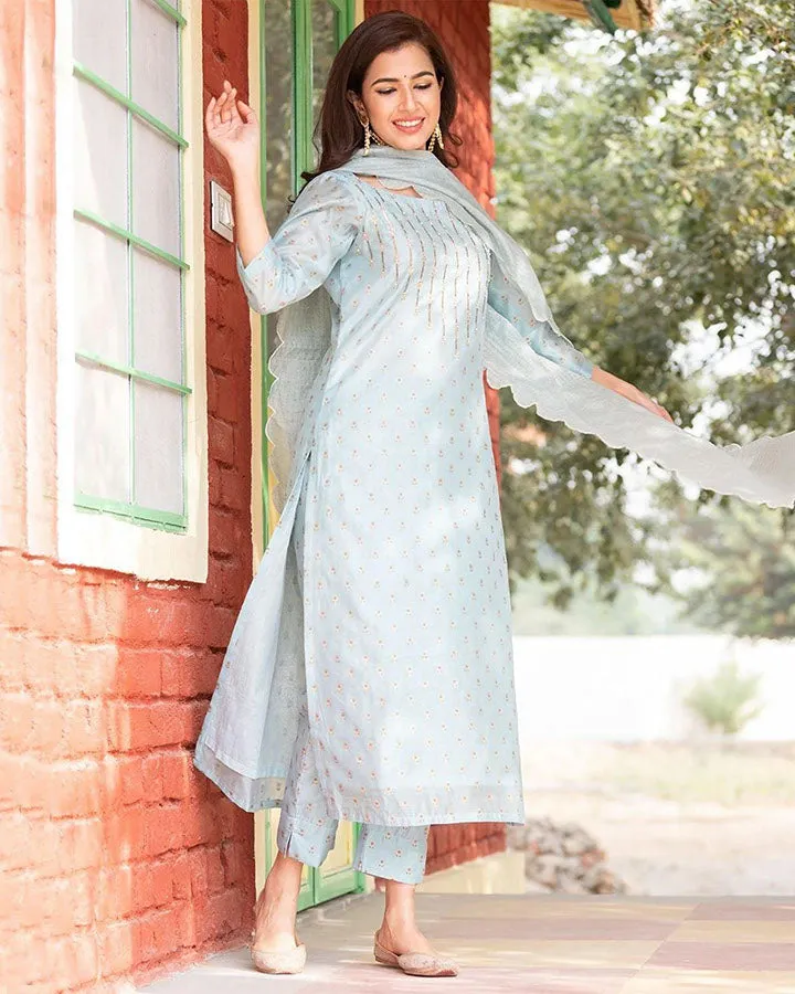 Blue Printed Chanderi Suit Set