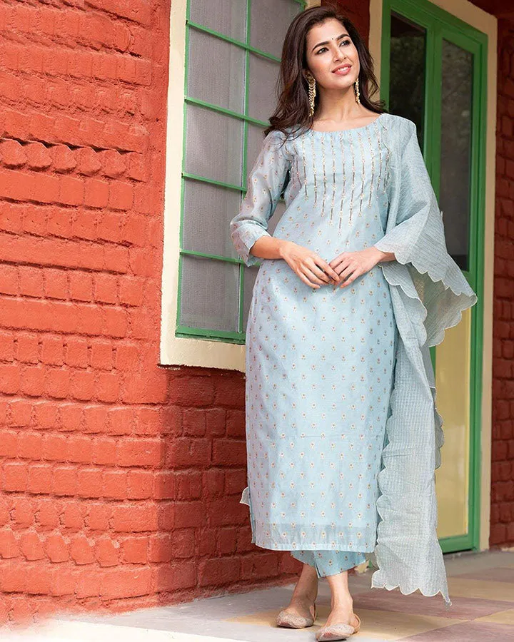 Blue Printed Chanderi Suit Set