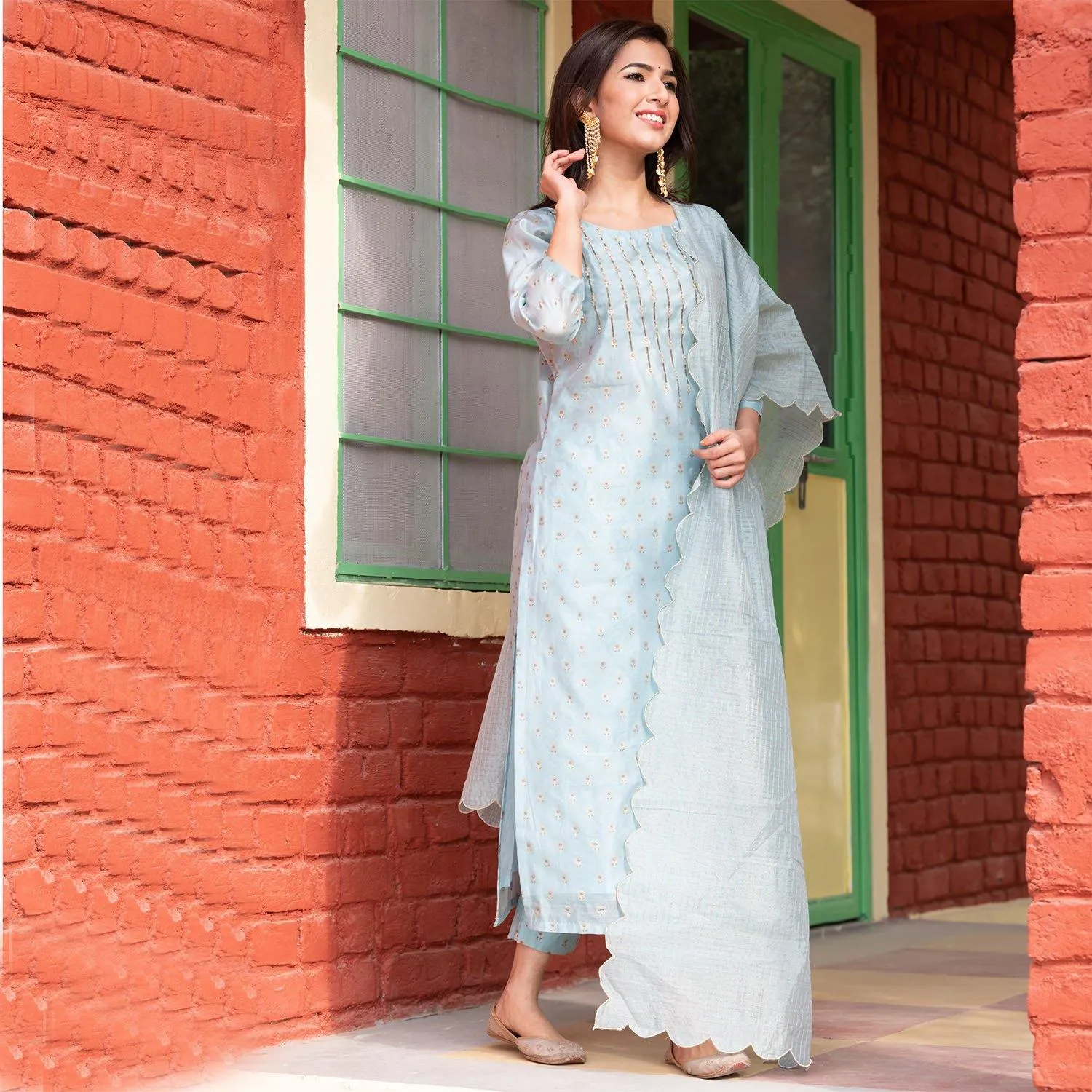 Blue Printed Chanderi Suit Set