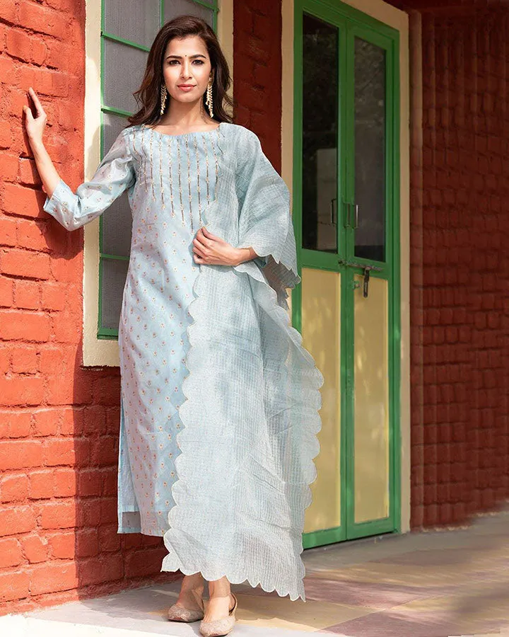 Blue Printed Chanderi Suit Set