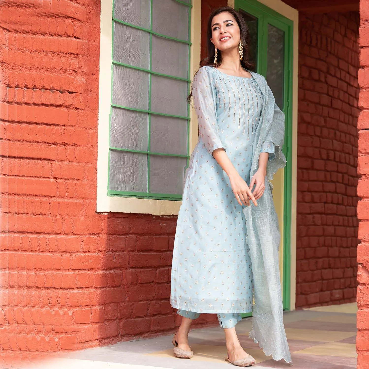 Blue Printed Chanderi Suit Set