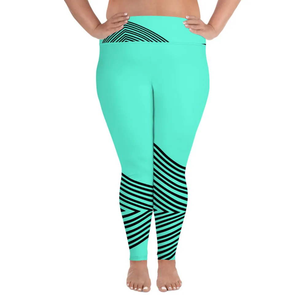 Blue Striped Plus Size Leggings, Sporty Modern Women's Modern Yoga Pants- Made in USA/EU