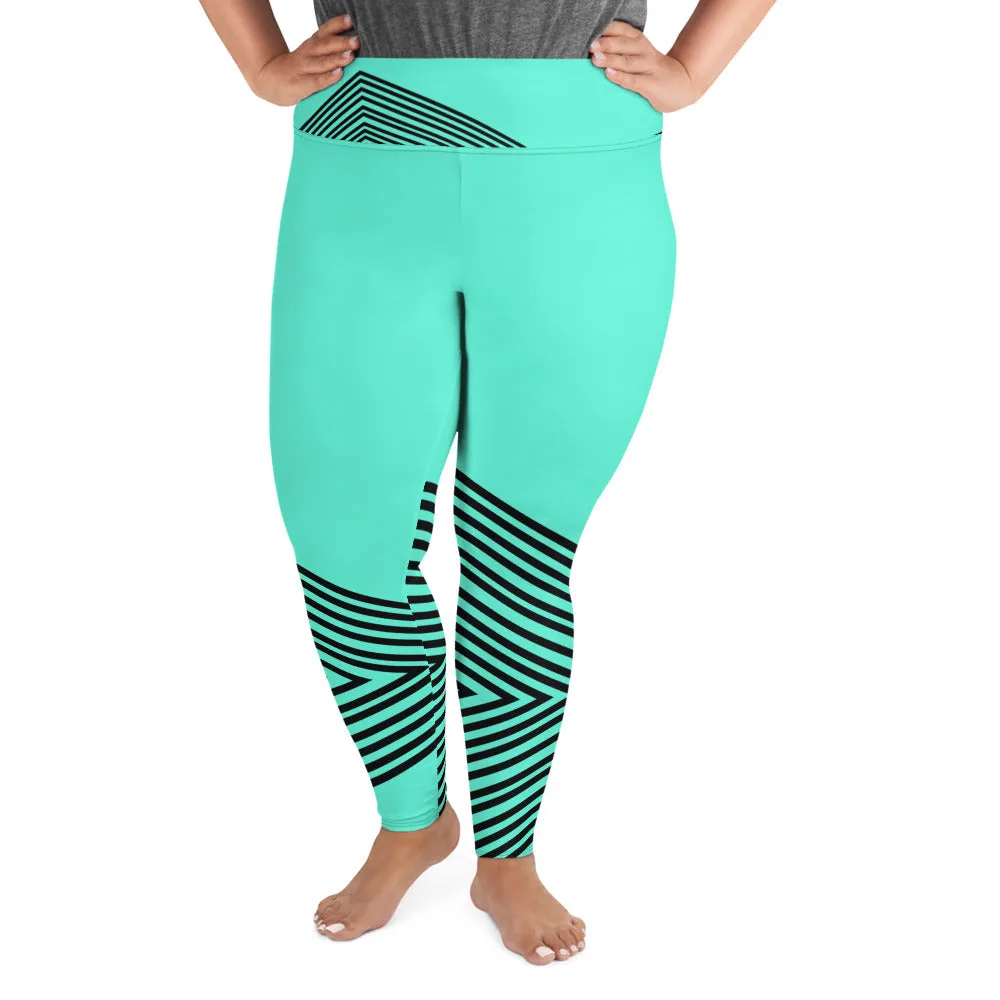 Blue Striped Plus Size Leggings, Sporty Modern Women's Modern Yoga Pants- Made in USA/EU