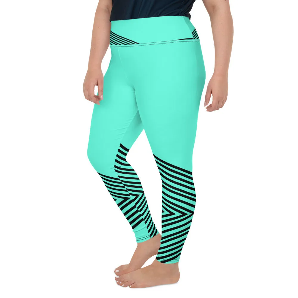 Blue Striped Plus Size Leggings, Sporty Modern Women's Modern Yoga Pants- Made in USA/EU