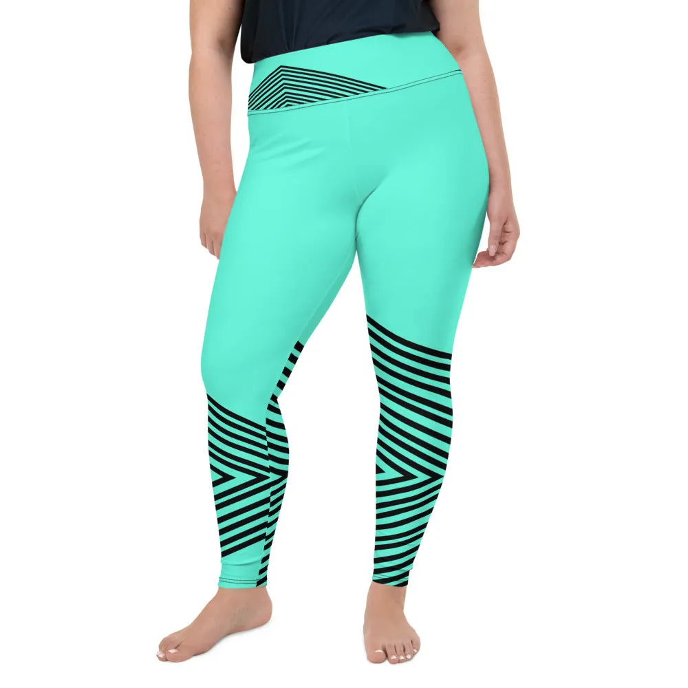 Blue Striped Plus Size Leggings, Sporty Modern Women's Modern Yoga Pants- Made in USA/EU