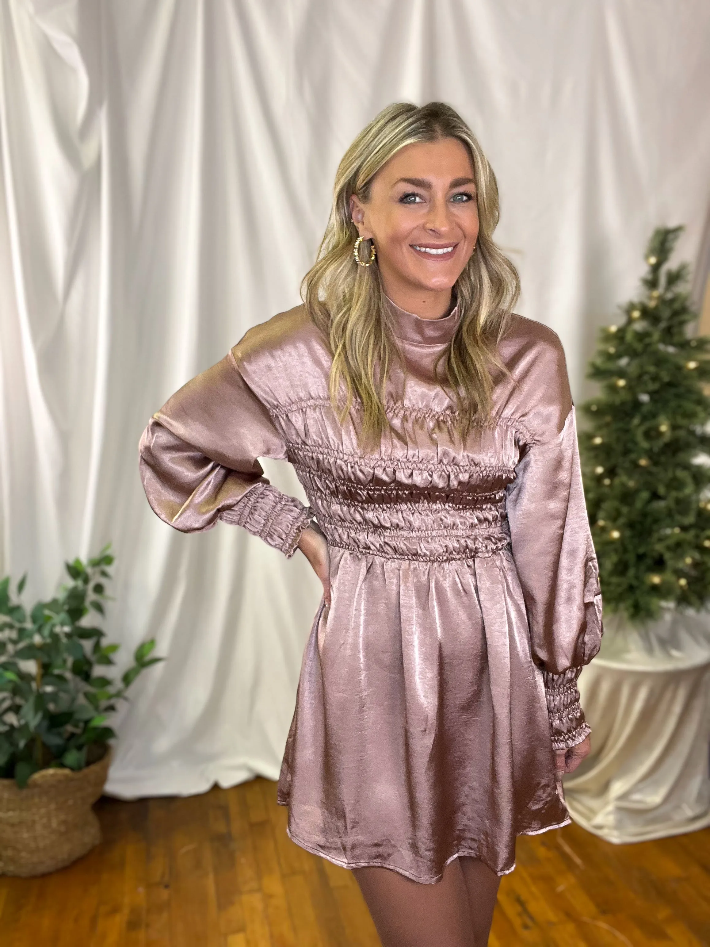 Blush Crushed Satin Smocked Long Sleeve Dress