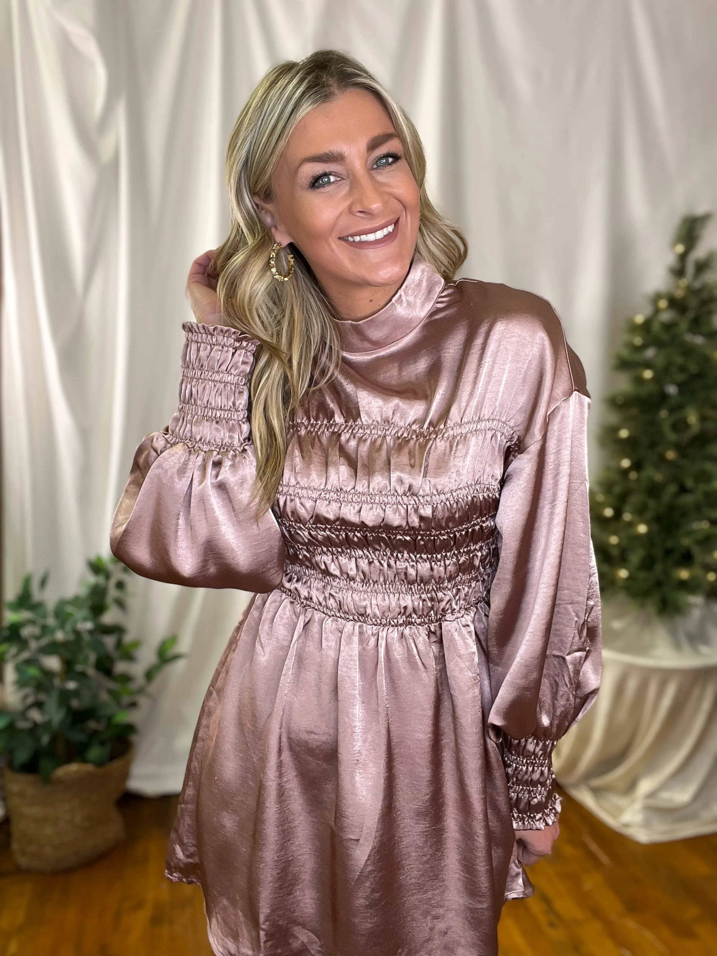 Blush Crushed Satin Smocked Long Sleeve Dress