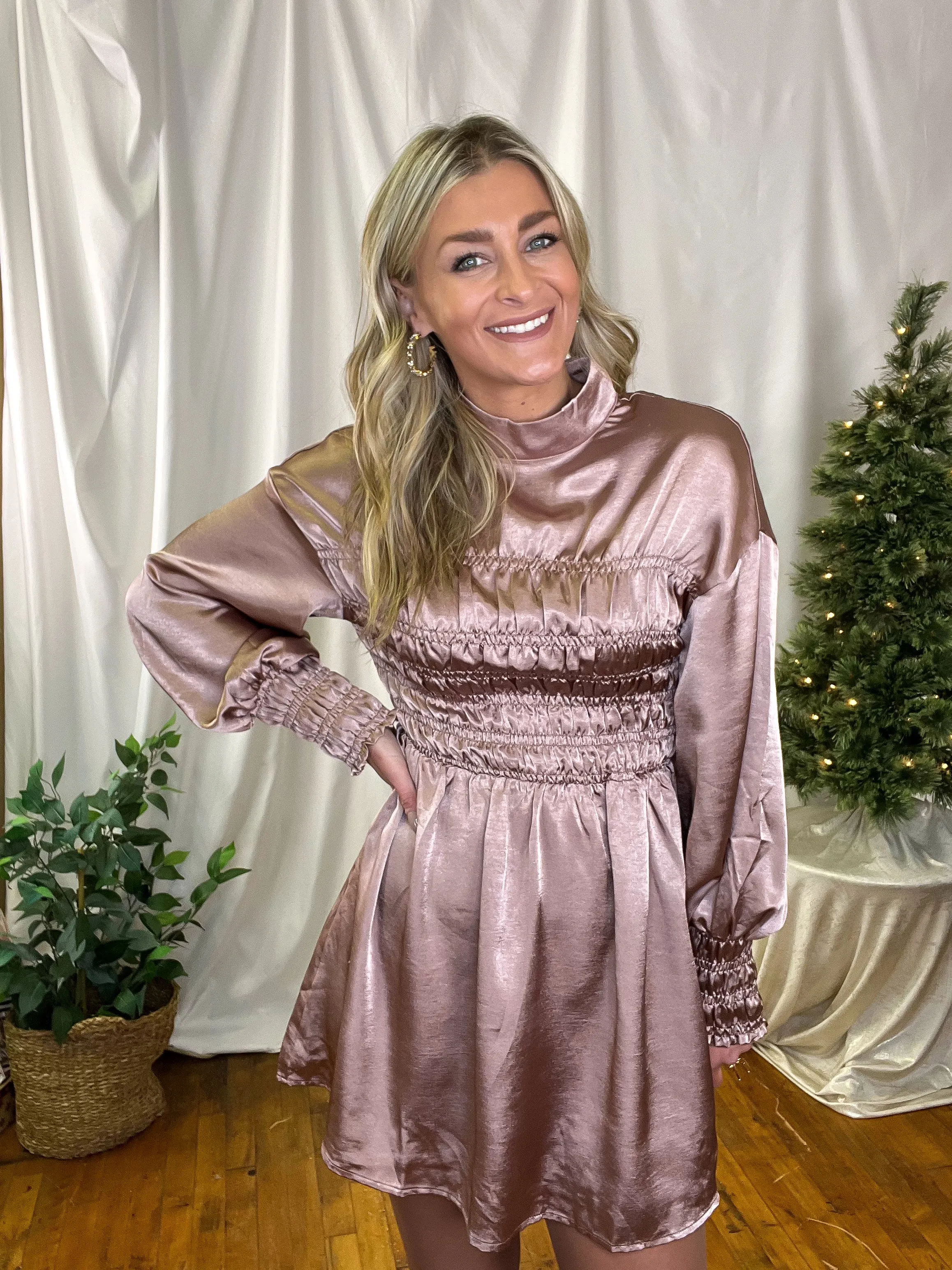 Blush Crushed Satin Smocked Long Sleeve Dress