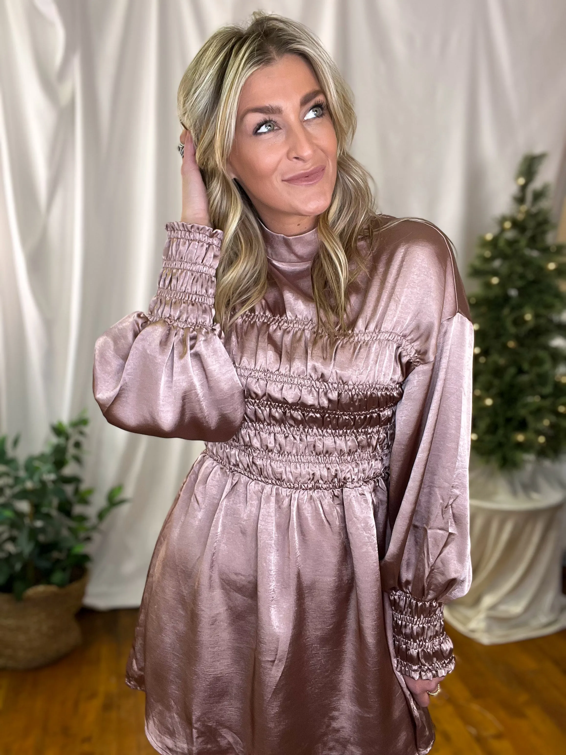 Blush Crushed Satin Smocked Long Sleeve Dress