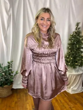 Blush Crushed Satin Smocked Long Sleeve Dress