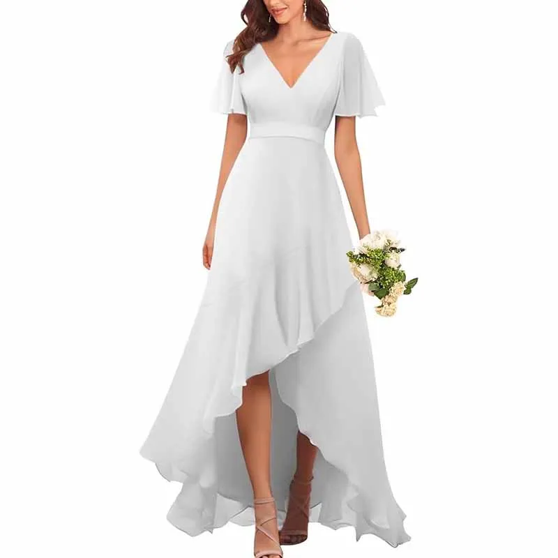 Bridesmaid Dresses with Sleeves High Low Ruffle Hem Prom Formal Dress Chiffon Wedding Party Gown