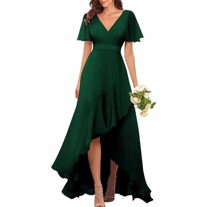 Bridesmaid Dresses with Sleeves High Low Ruffle Hem Prom Formal Dress Chiffon Wedding Party Gown