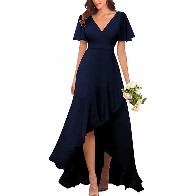 Bridesmaid Dresses with Sleeves High Low Ruffle Hem Prom Formal Dress Chiffon Wedding Party Gown