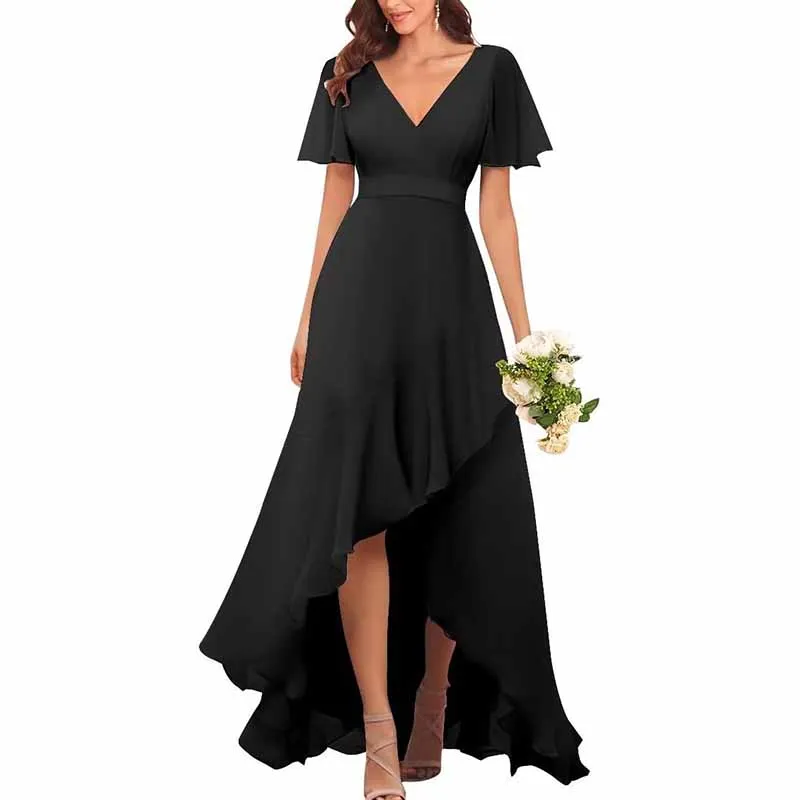 Bridesmaid Dresses with Sleeves High Low Ruffle Hem Prom Formal Dress Chiffon Wedding Party Gown