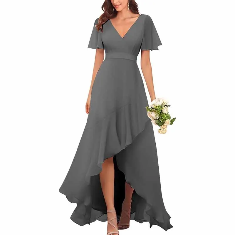 Bridesmaid Dresses with Sleeves High Low Ruffle Hem Prom Formal Dress Chiffon Wedding Party Gown