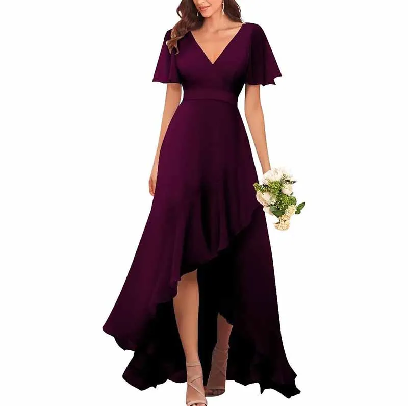 Bridesmaid Dresses with Sleeves High Low Ruffle Hem Prom Formal Dress Chiffon Wedding Party Gown