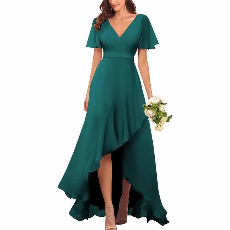 Bridesmaid Dresses with Sleeves High Low Ruffle Hem Prom Formal Dress Chiffon Wedding Party Gown