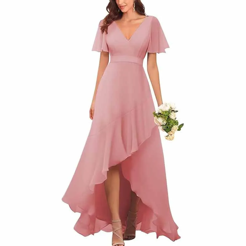 Bridesmaid Dresses with Sleeves High Low Ruffle Hem Prom Formal Dress Chiffon Wedding Party Gown