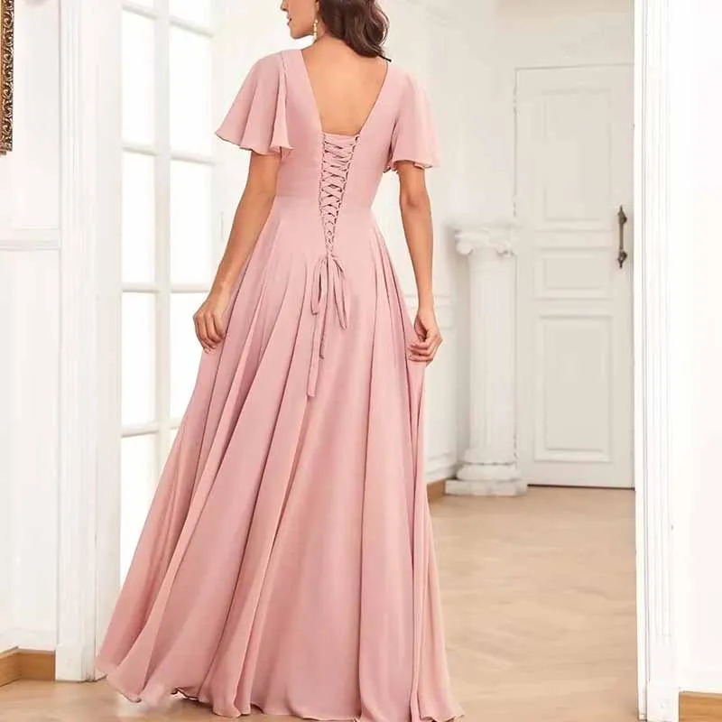 Bridesmaid Dresses with Sleeves High Low Ruffle Hem Prom Formal Dress Chiffon Wedding Party Gown