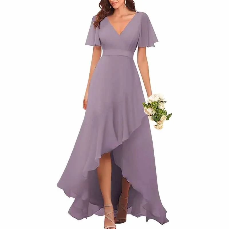 Bridesmaid Dresses with Sleeves High Low Ruffle Hem Prom Formal Dress Chiffon Wedding Party Gown