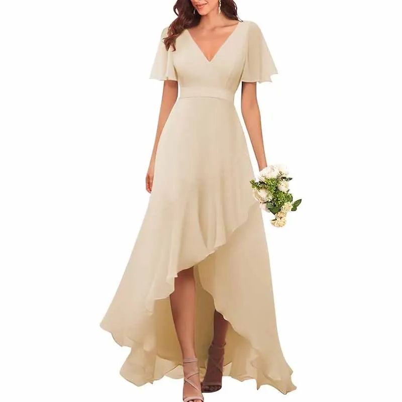 Bridesmaid Dresses with Sleeves High Low Ruffle Hem Prom Formal Dress Chiffon Wedding Party Gown