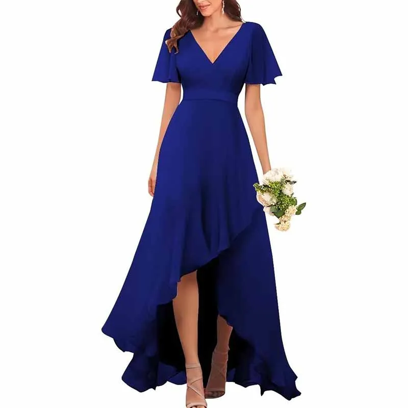 Bridesmaid Dresses with Sleeves High Low Ruffle Hem Prom Formal Dress Chiffon Wedding Party Gown