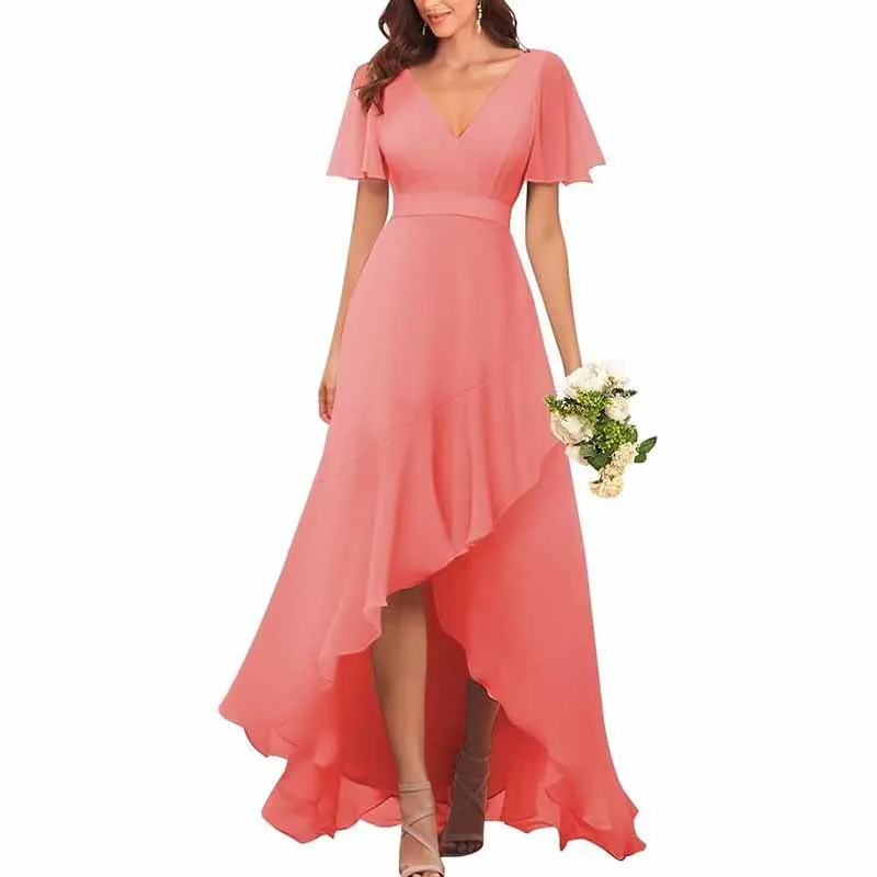 Bridesmaid Dresses with Sleeves High Low Ruffle Hem Prom Formal Dress Chiffon Wedding Party Gown