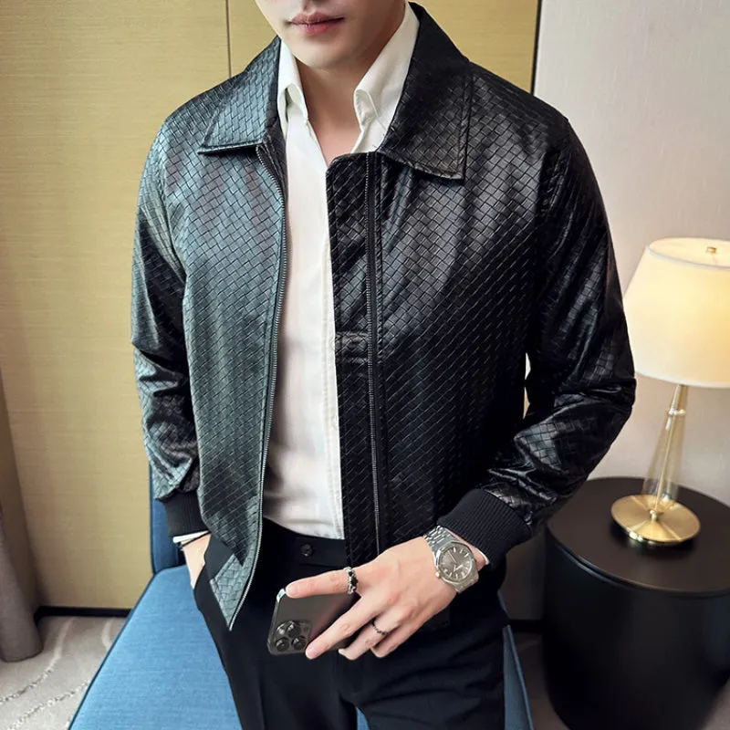 British Business Casual Lapel Plaid Leather Jacket