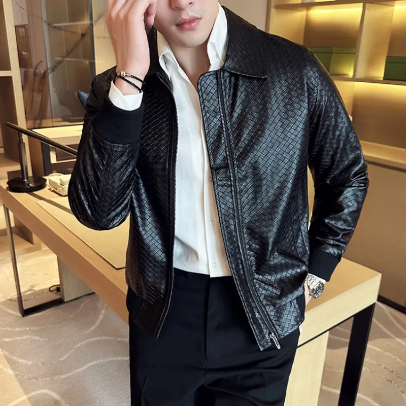 British Business Casual Lapel Plaid Leather Jacket