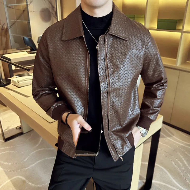 British Business Casual Lapel Plaid Leather Jacket