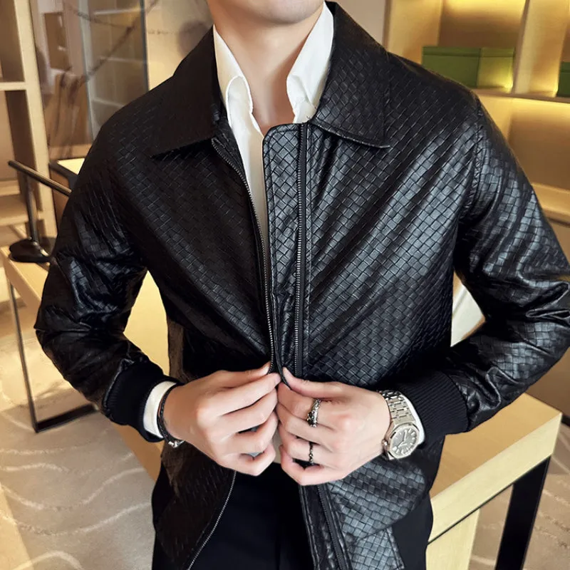 British Business Casual Lapel Plaid Leather Jacket