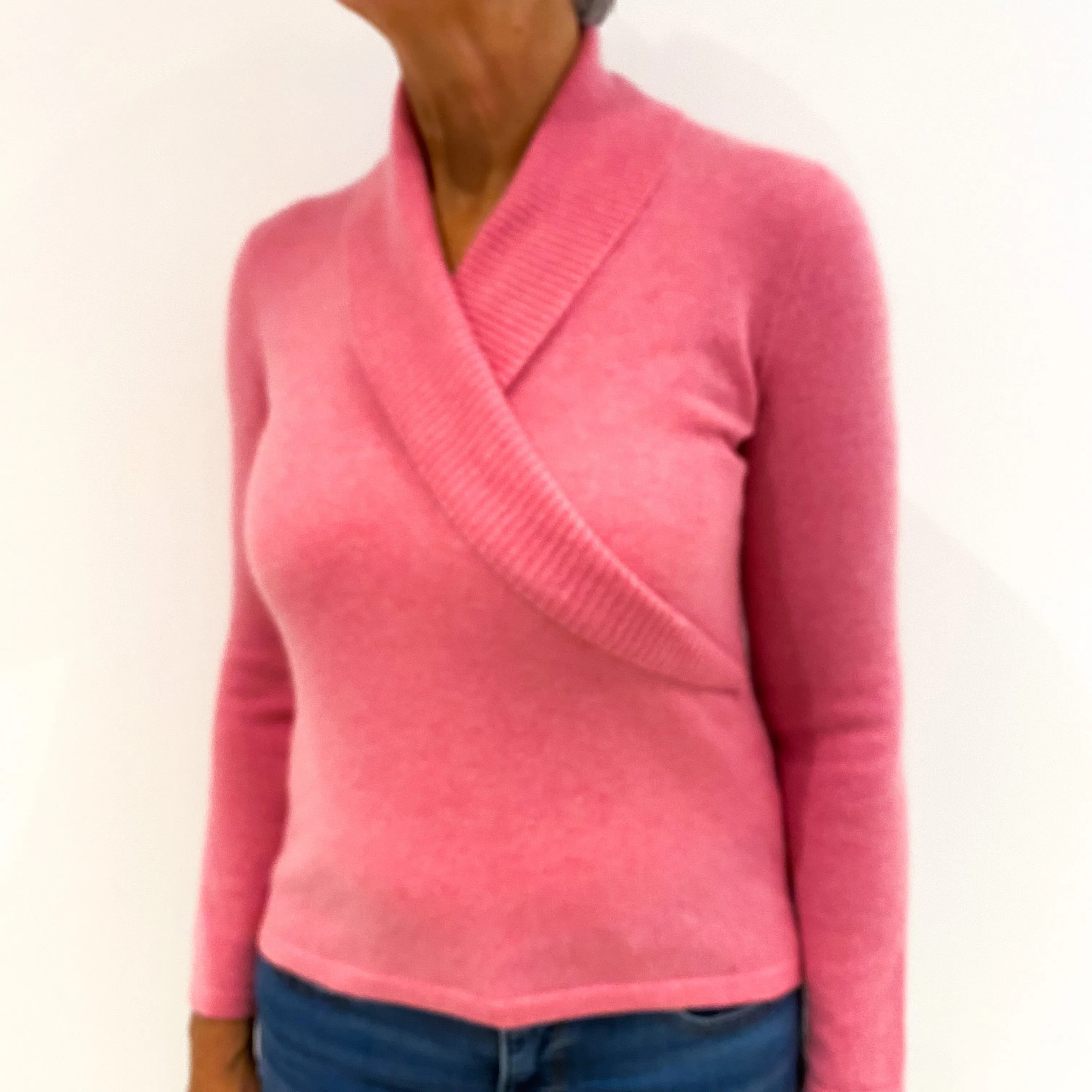 Bubblegum Pink Cashmere Cross Over V-Neck Jumper Medium