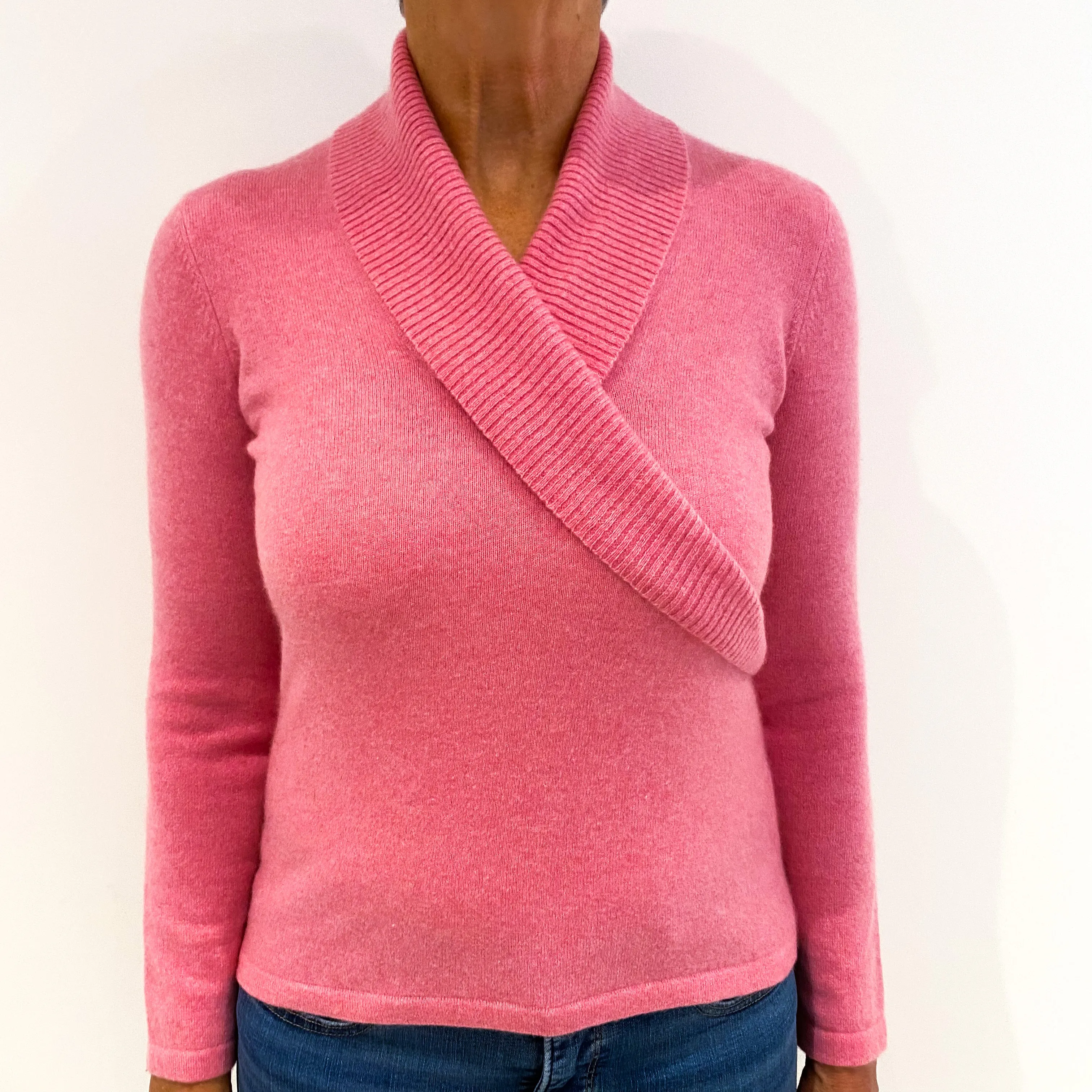 Bubblegum Pink Cashmere Cross Over V-Neck Jumper Medium