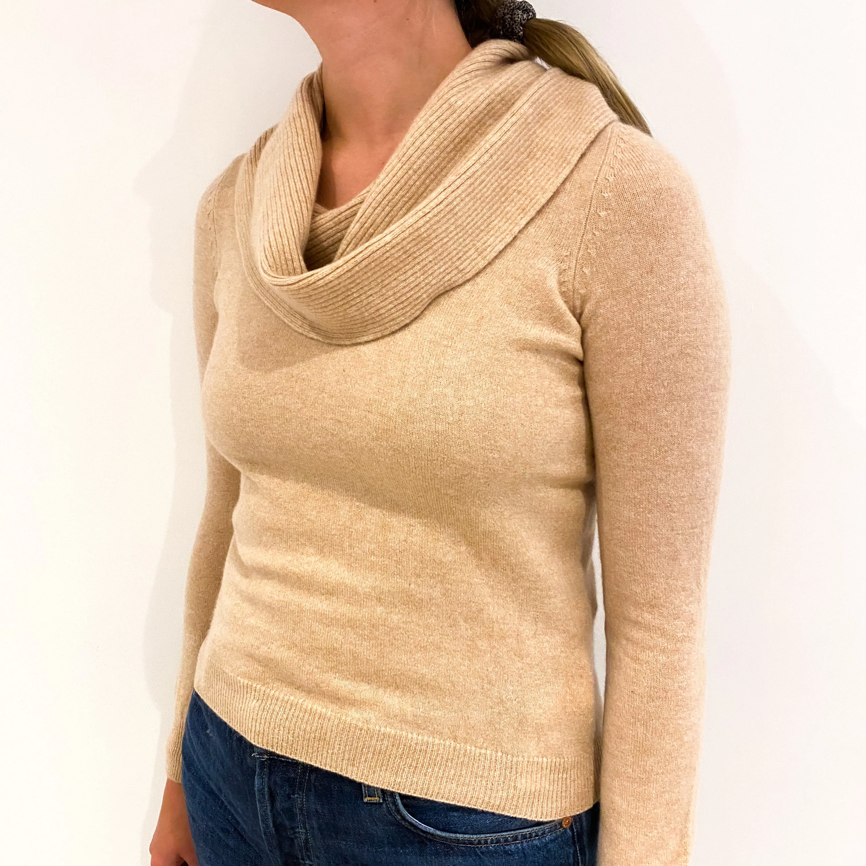 Buff Beige Cashmere Cowl Neck Jumper Small