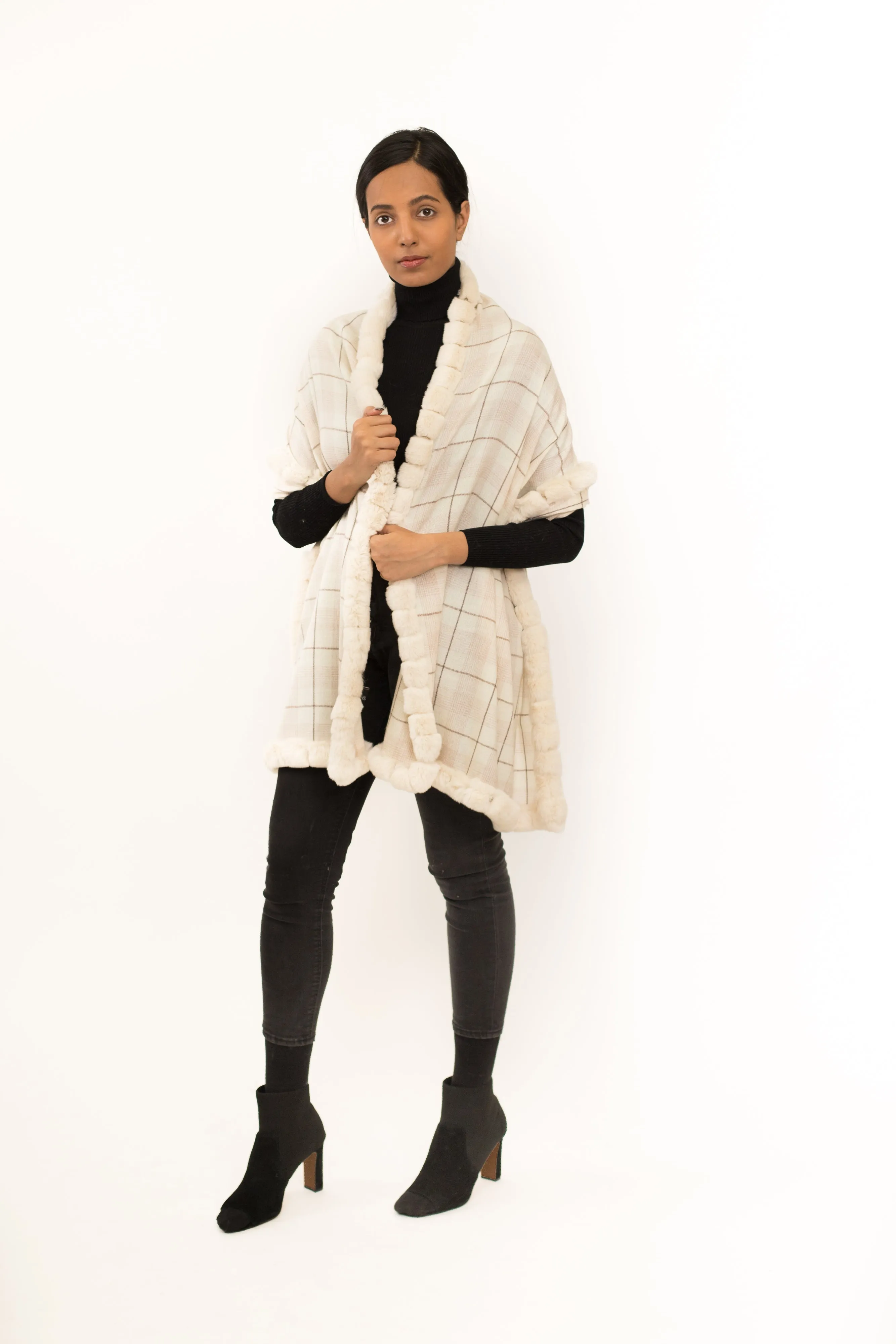 Cashmere Blend Wrap with Faux Fur Trim