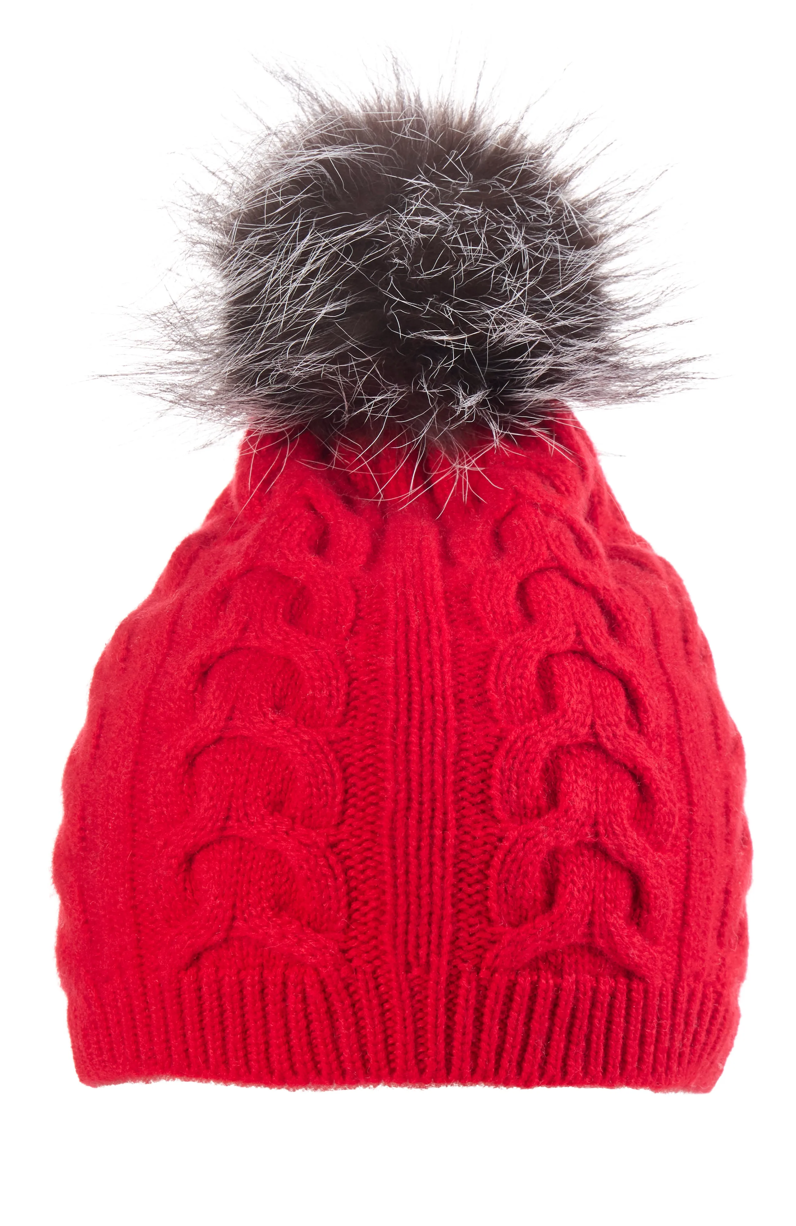 CASHMERE CABLE KNIT HAT WITH FUR POM