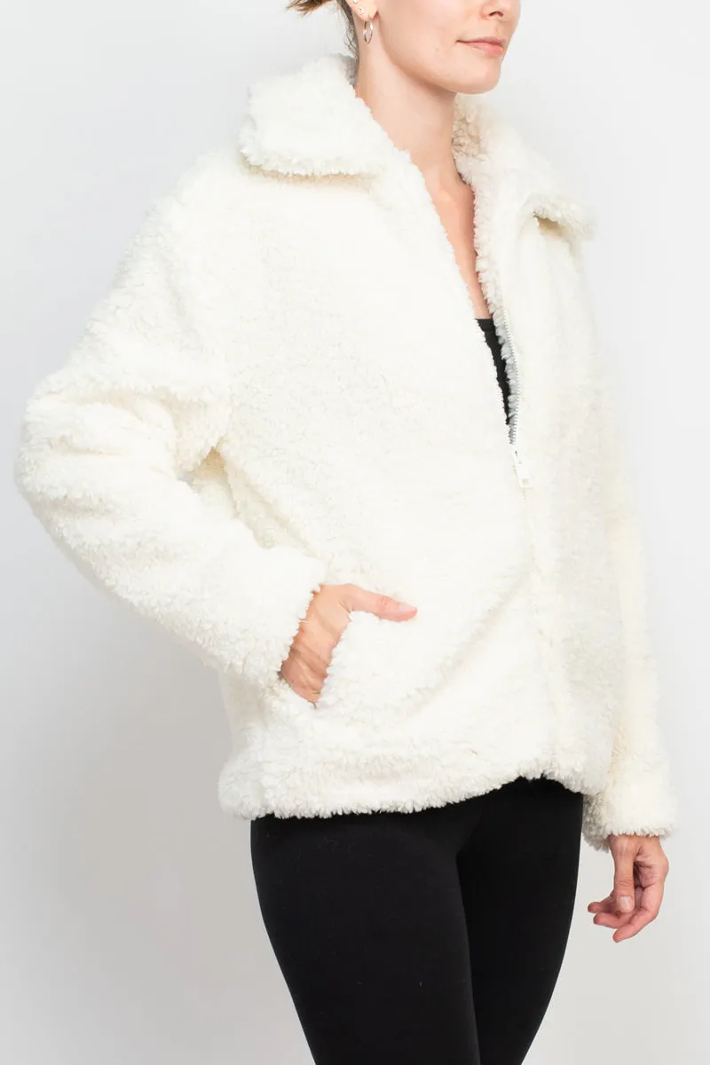 Catherine Malandrino collared V-neck long sleeve zipper front faux fur jacket