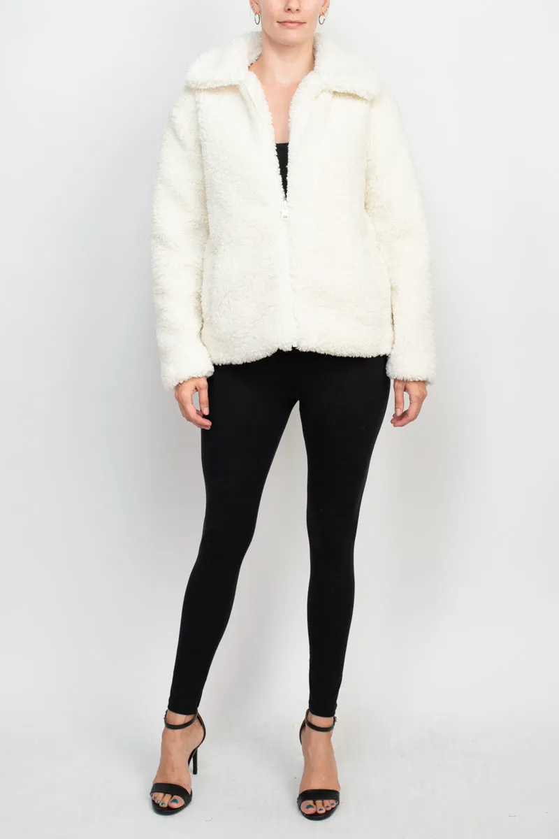 Catherine Malandrino collared V-neck long sleeve zipper front faux fur jacket