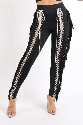 Chic Black Lace-Up Fringe Tassel Leggings