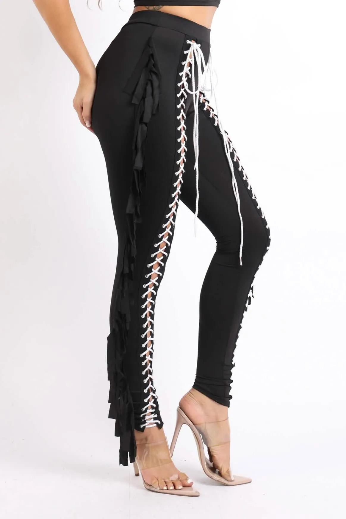 Chic Black Lace-Up Fringe Tassel Leggings