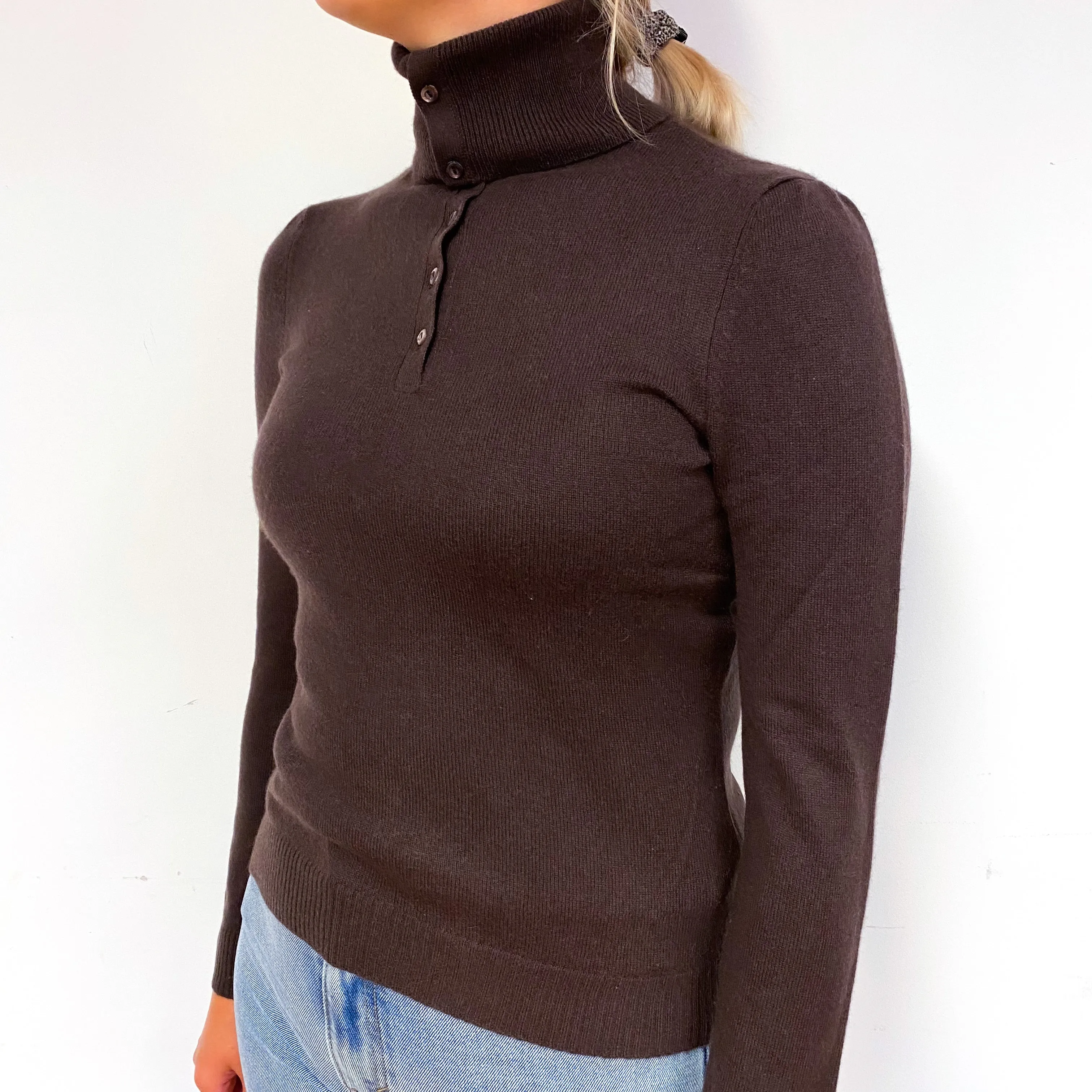 Chocolate Brown Buttoned Cashmere Polo Neck Jumper Small