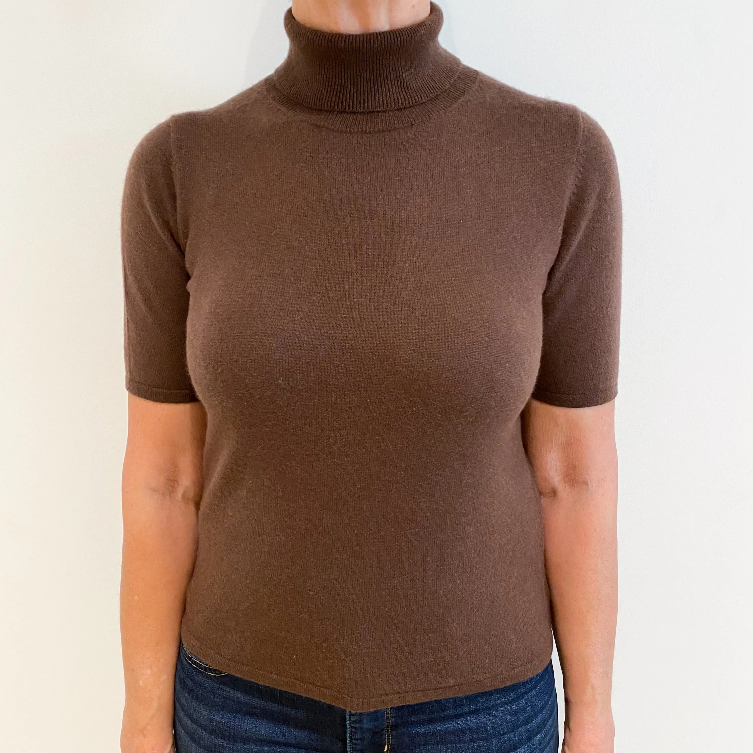 Chocolate Brown Cashmere Short Sleeve Polo Neck Jumper Medium