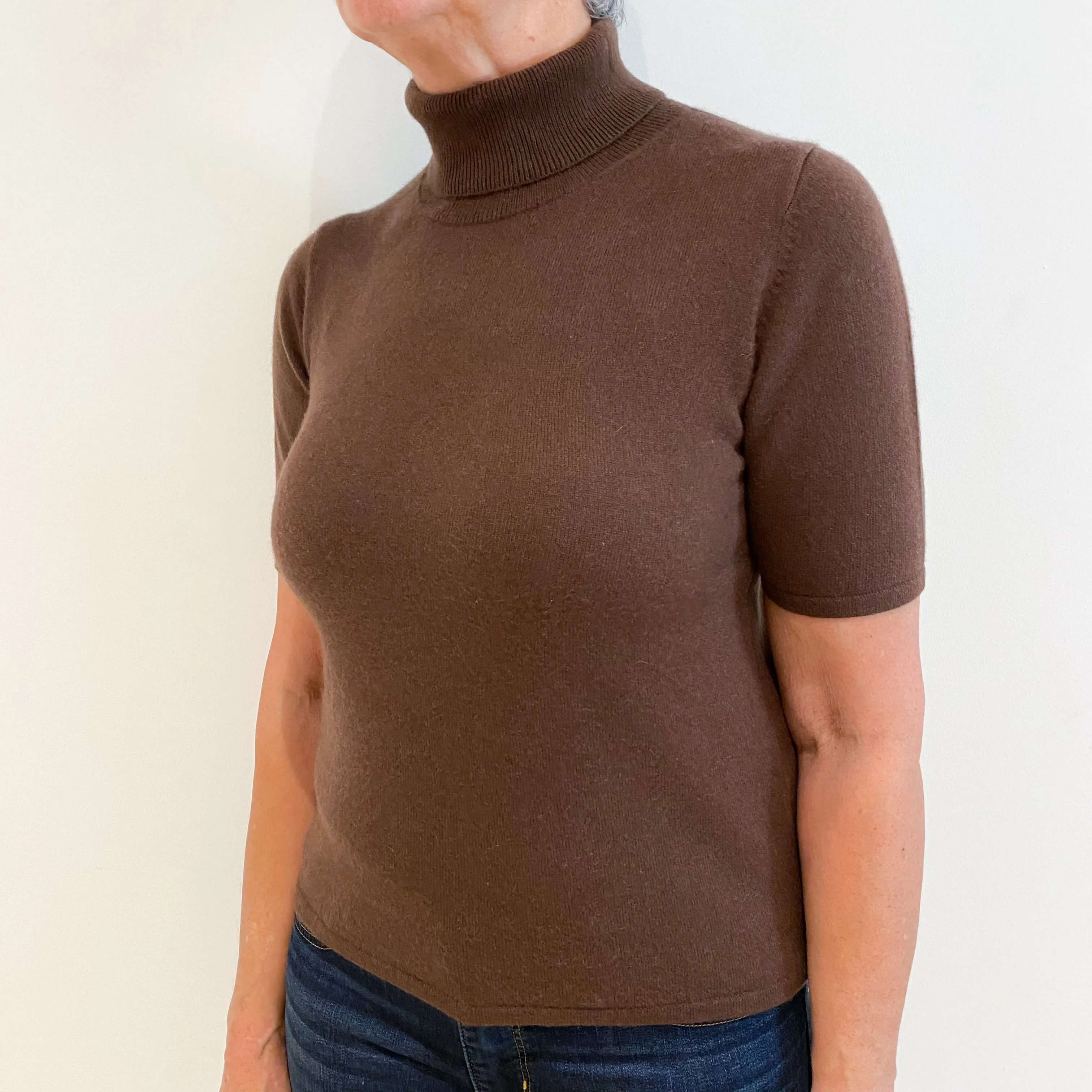 Chocolate Brown Cashmere Short Sleeve Polo Neck Jumper Medium