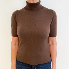 Chocolate Brown Cashmere Short Sleeve Polo Neck Jumper Medium