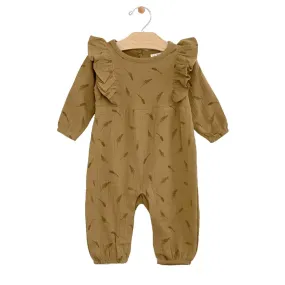 City Mouse Crinkle Cotton Flutter Long Romper - Wheat