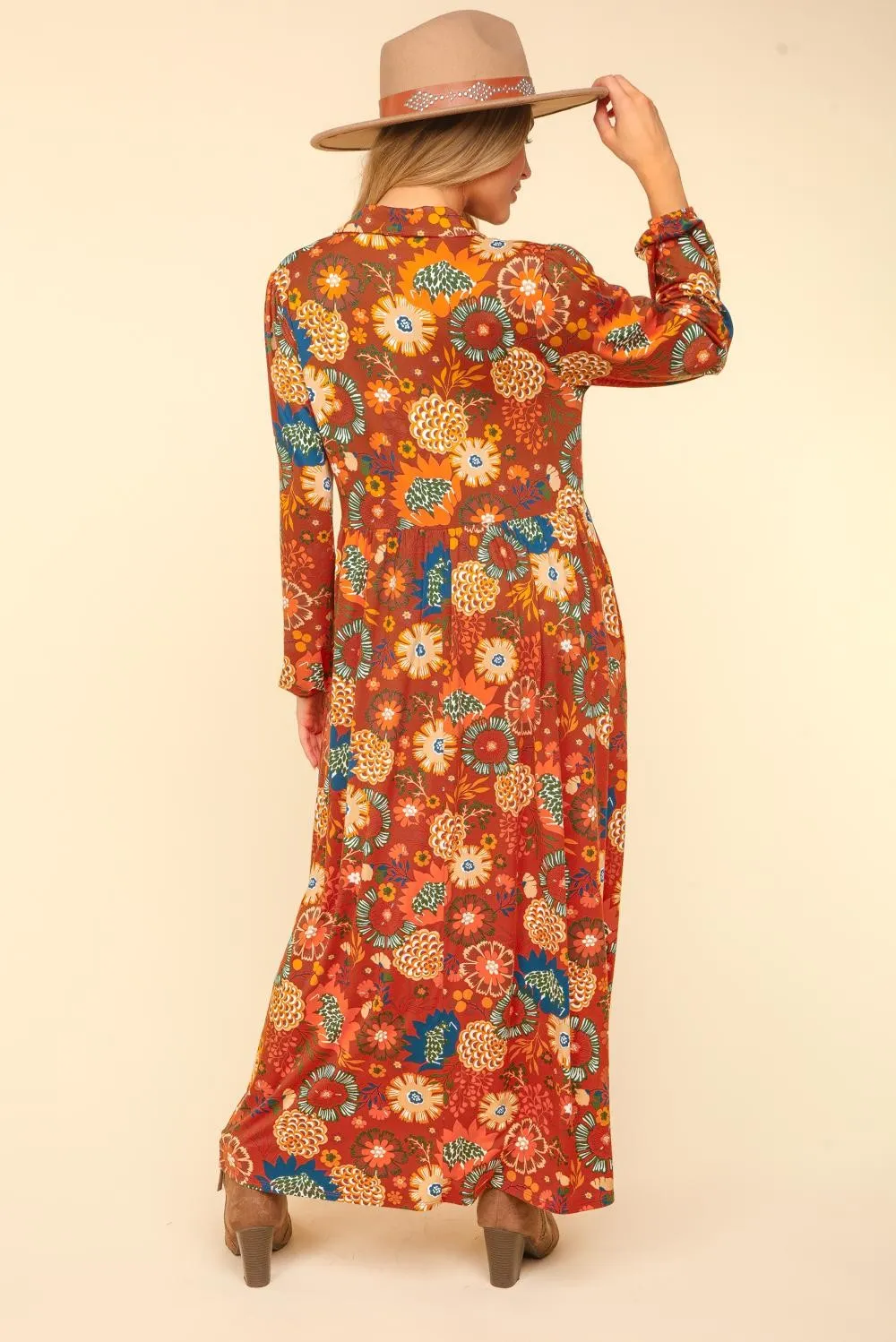 Collared Floral Maxi Dress - Rust