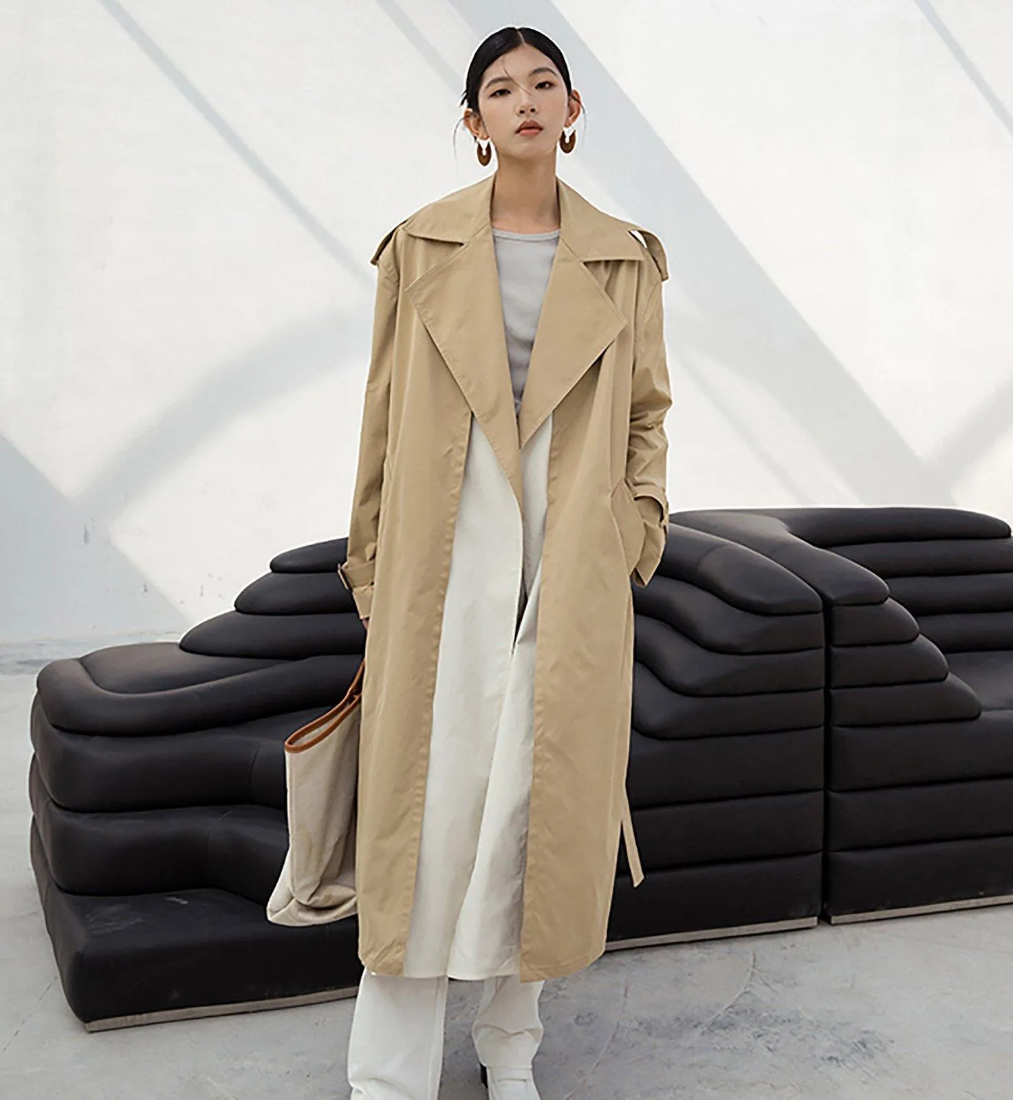 Color Block Belted Wrap Trench Coat