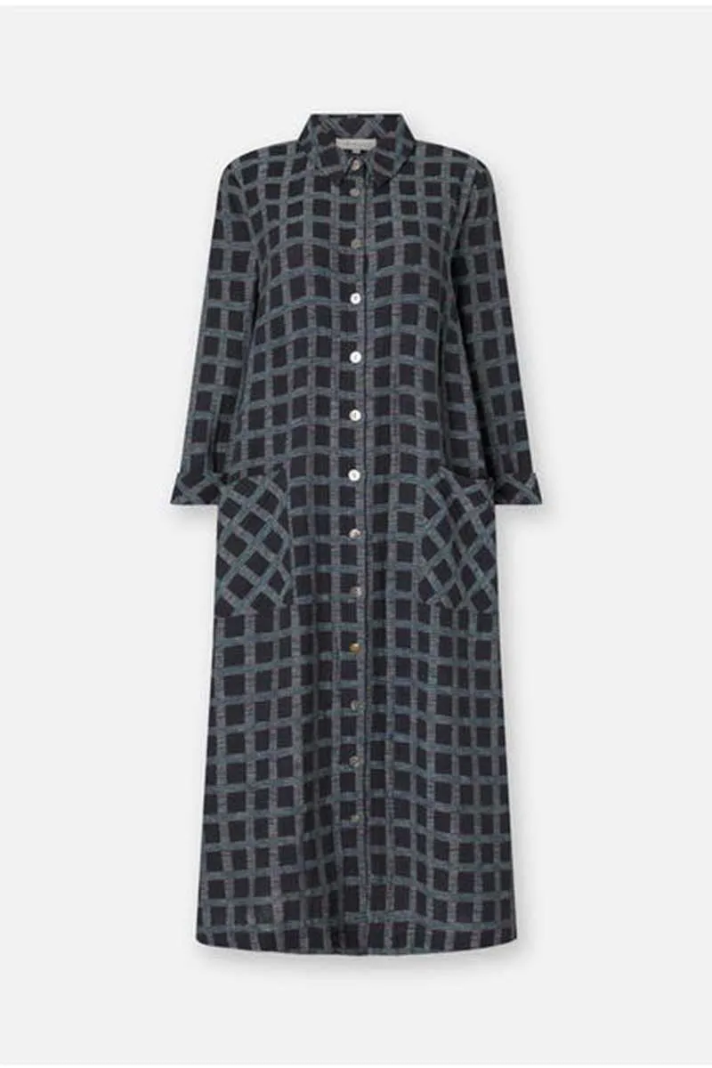 Cotton Ikat Check Shirt Dress Navy